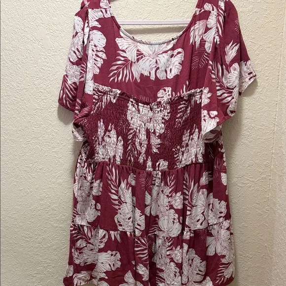 TORRID - Neon Tropics Maroon Babydoll Washable Gauze Smocked Tiered Top - Picture 6 of 7